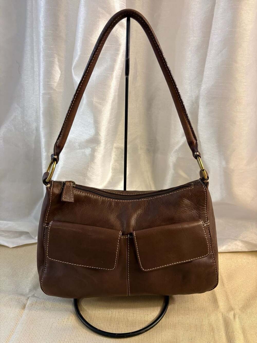 Relativity Brown Leather Shoulder Bag Handbag with Front Pockets